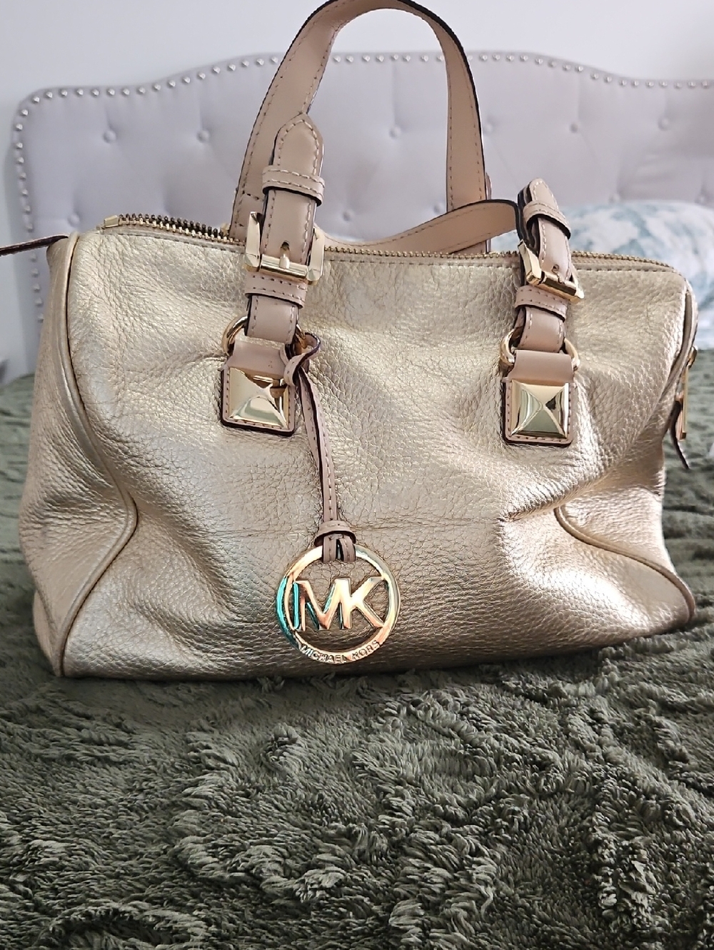 Michael Kors Metallic Gold Leather Satchel with Logo Charm
